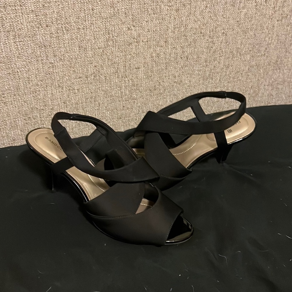 Black open toe strappy sling back low heels